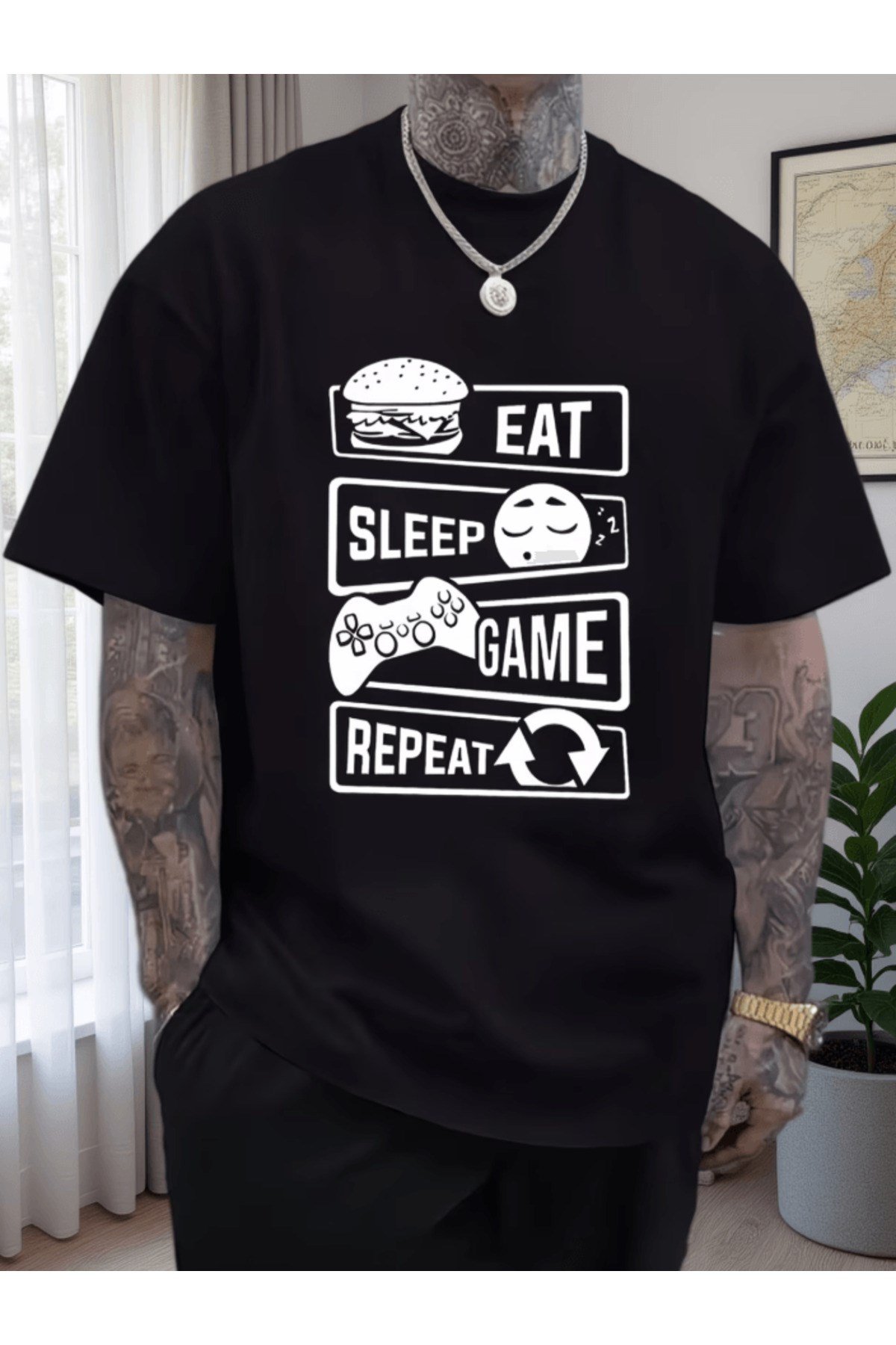 Eat Sleep Game Repeat Baskılı Premium Oversize T-shirt