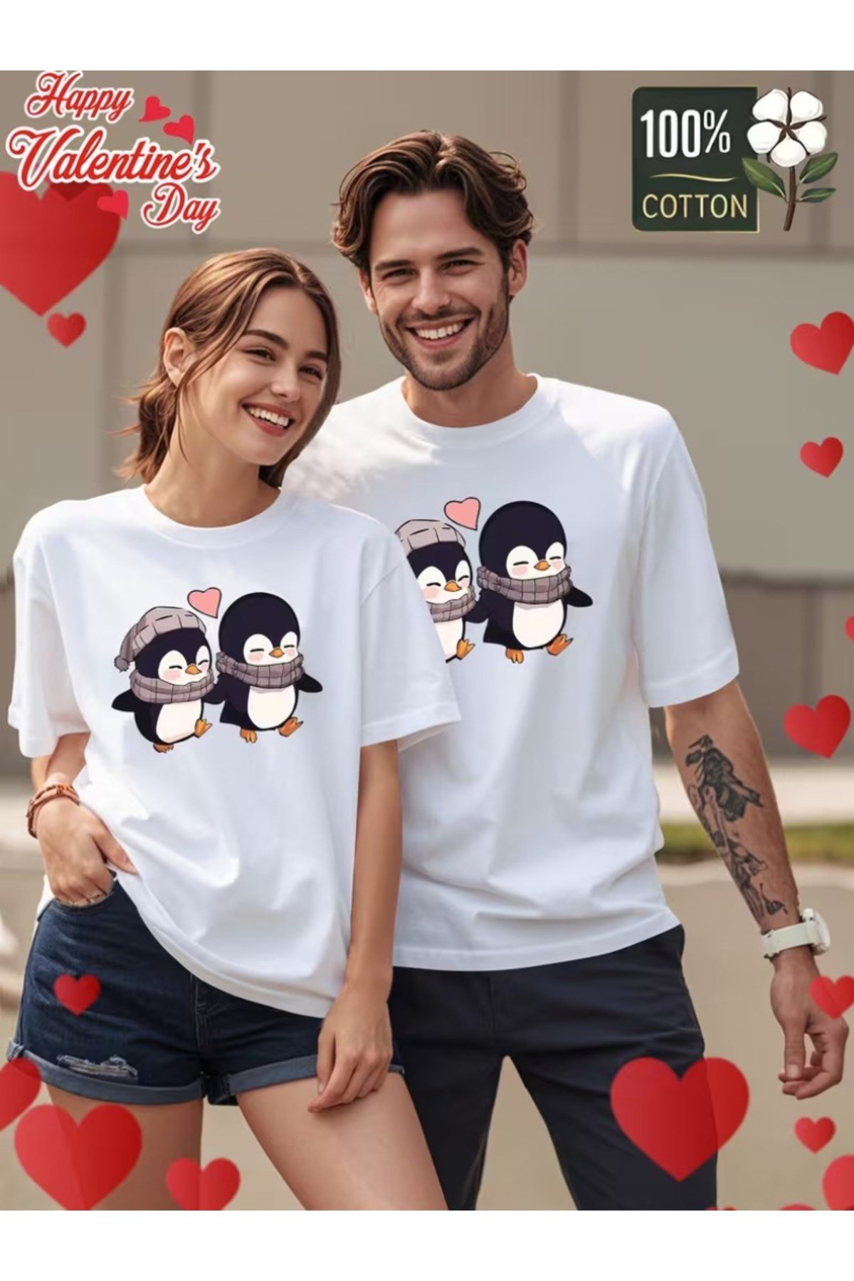 El Ele tutuşan Sevimli Penguen Tasarımlı Çift Sevgili Kombini Regular T-shirt 2'Li %100 Pamuk