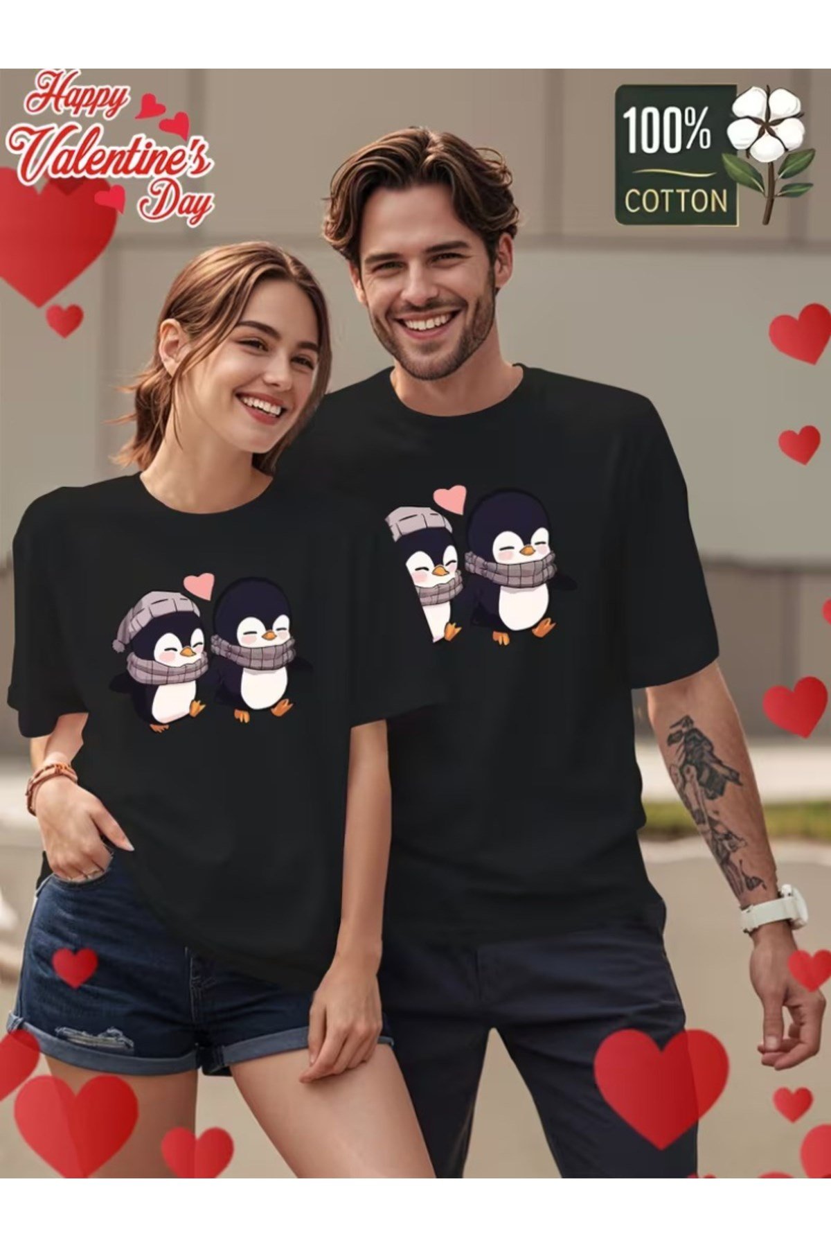 El Ele tutuşan Sevimli Penguen Tasarımlı Çift Sevgili Kombini Regular T-shirt 2'Li %100 Pamuk