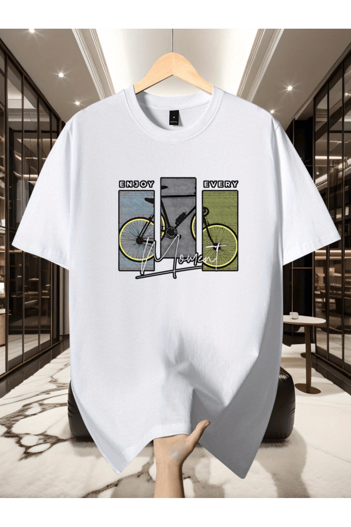 Enjoy Every Moment Bisiklet Baskılı Premium Oversize T-shirt