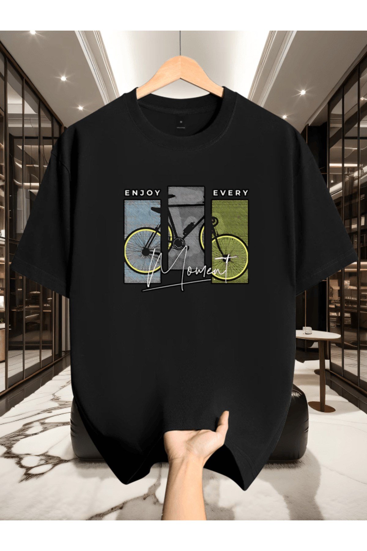 Enjoy Every Moment Bisiklet Baskılı Premium Oversize T-shirt