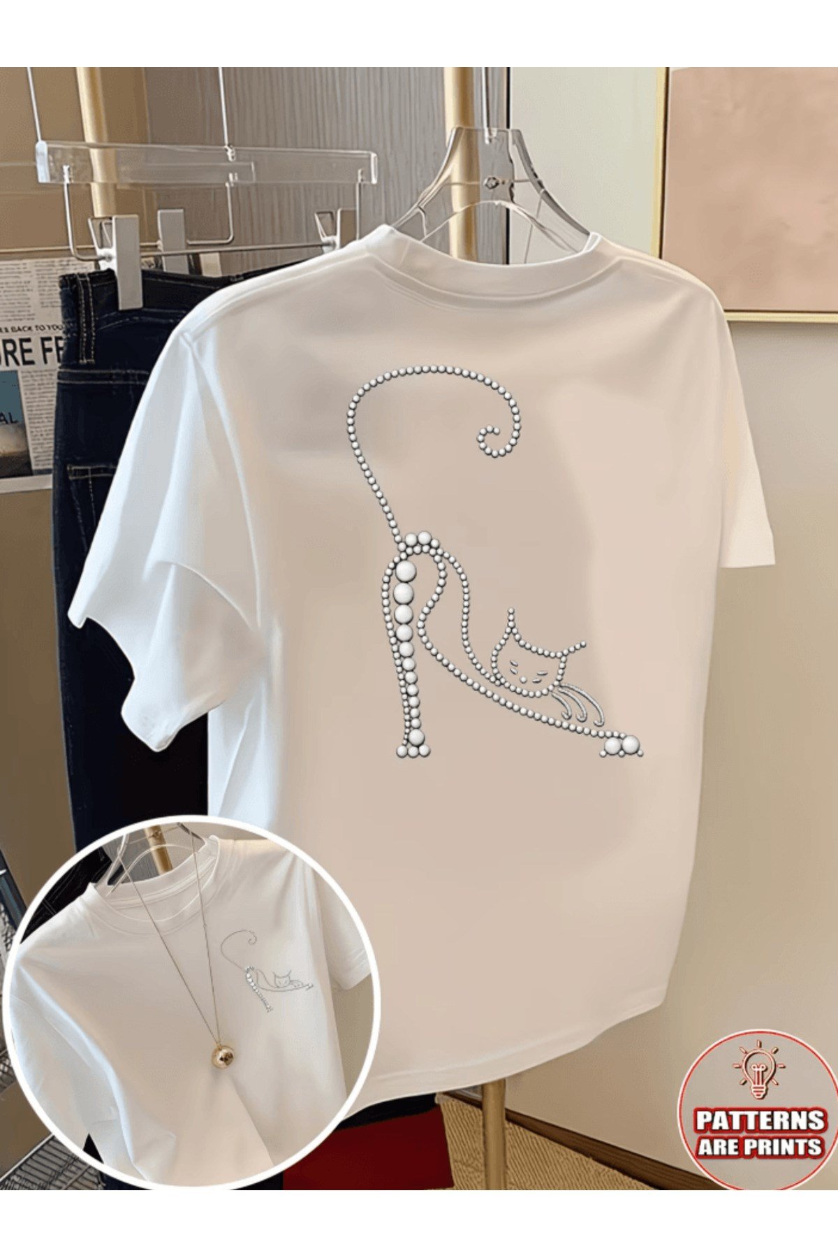 Esneyen Parlak Baskı Sevimli Kedi Çift Taraf Baskılı Premium Oversize T-shirt