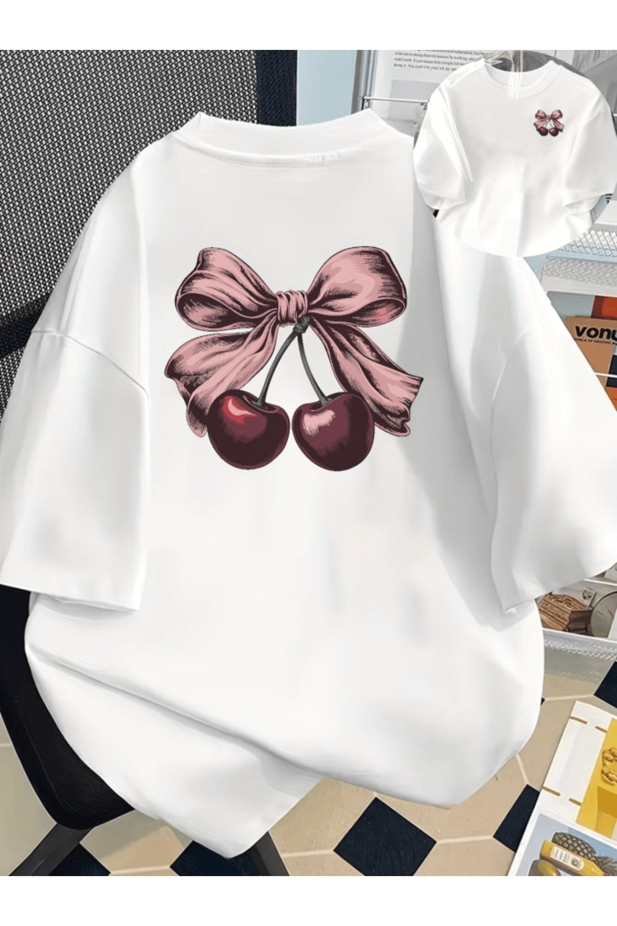 Fiyonklu Kiraz Çift Taraf Baskılı Premium Oversize T-shirt