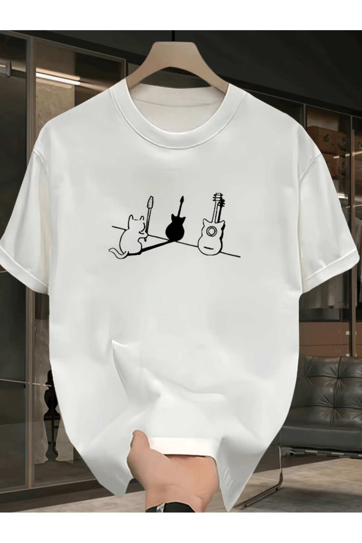 Gitar Bakan Sevimli Kedi Baskılı Premium Oversize T-shirt