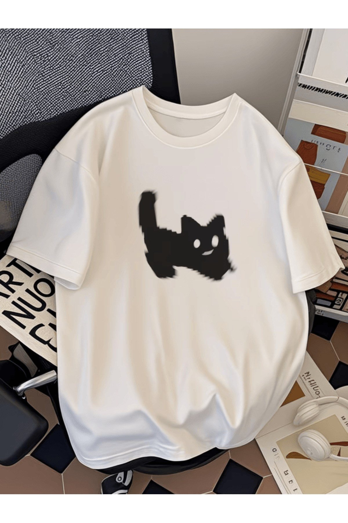 Grafiti Kedi Baskılı Premium Oversize T-shirt