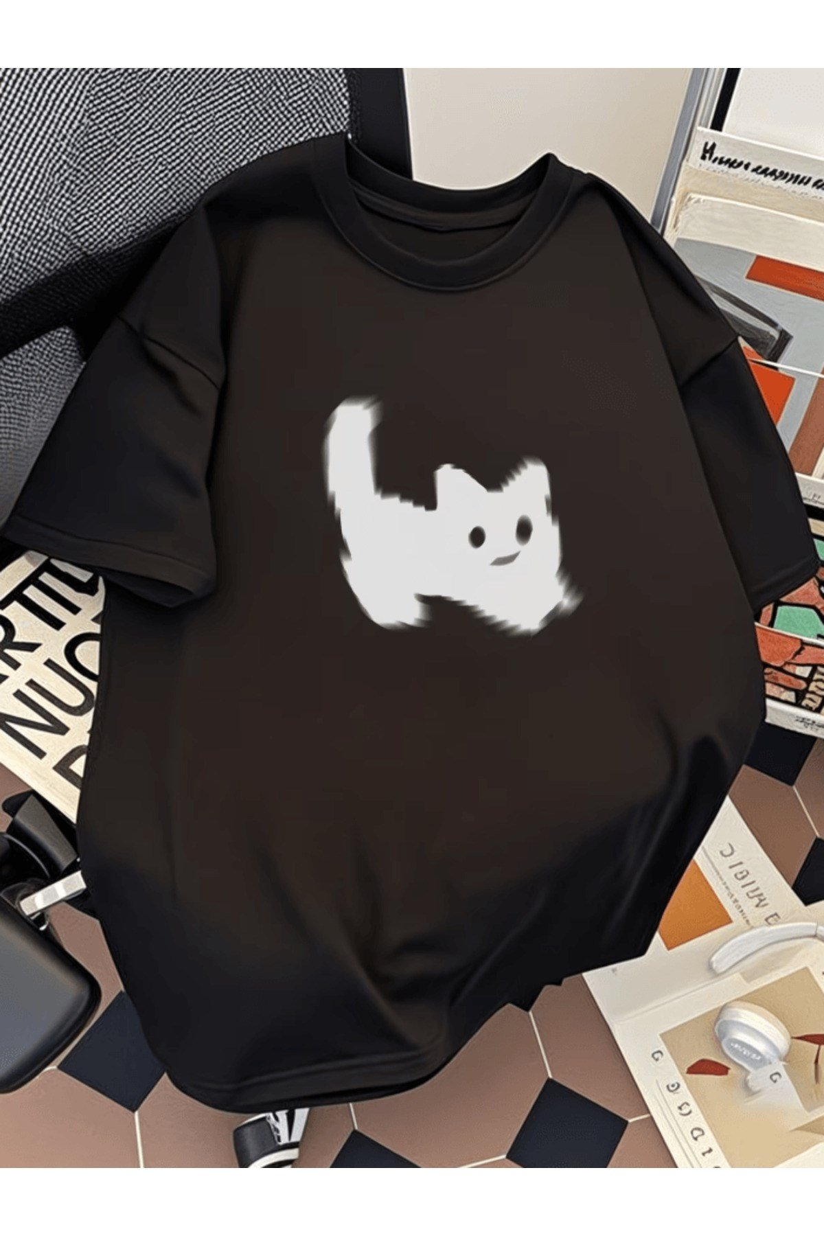 Grafiti Kedi Baskılı Premium Oversize T-shirt