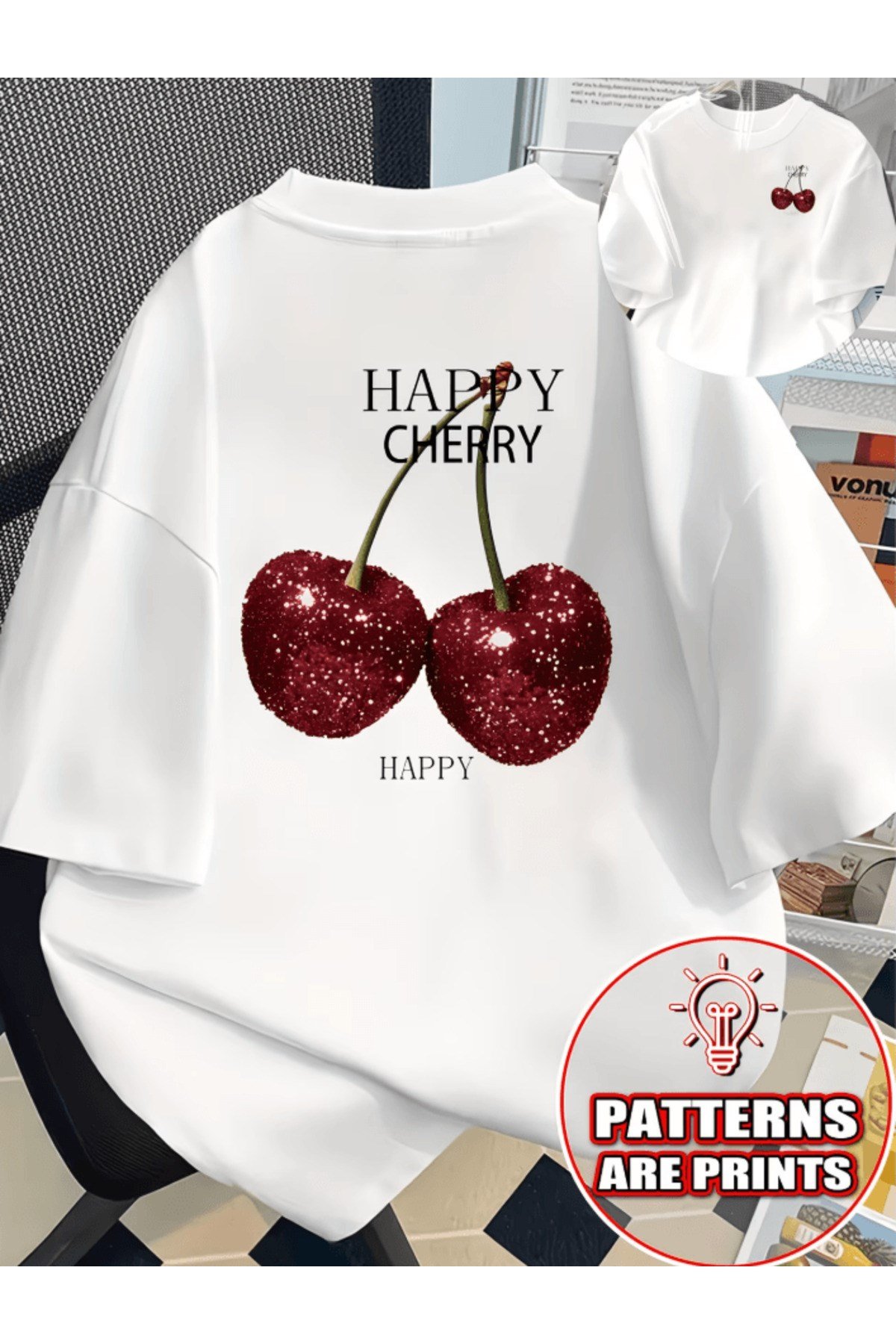 Happy Cherry Çift Taraf Baskılı Premium Oversize T-shirt