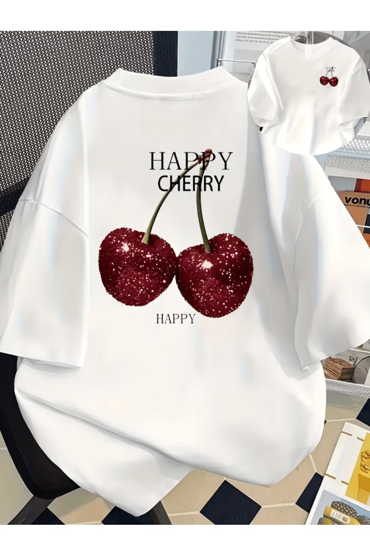 Happy Cherry Çift Taraf Baskılı Premium Oversize T-shirt