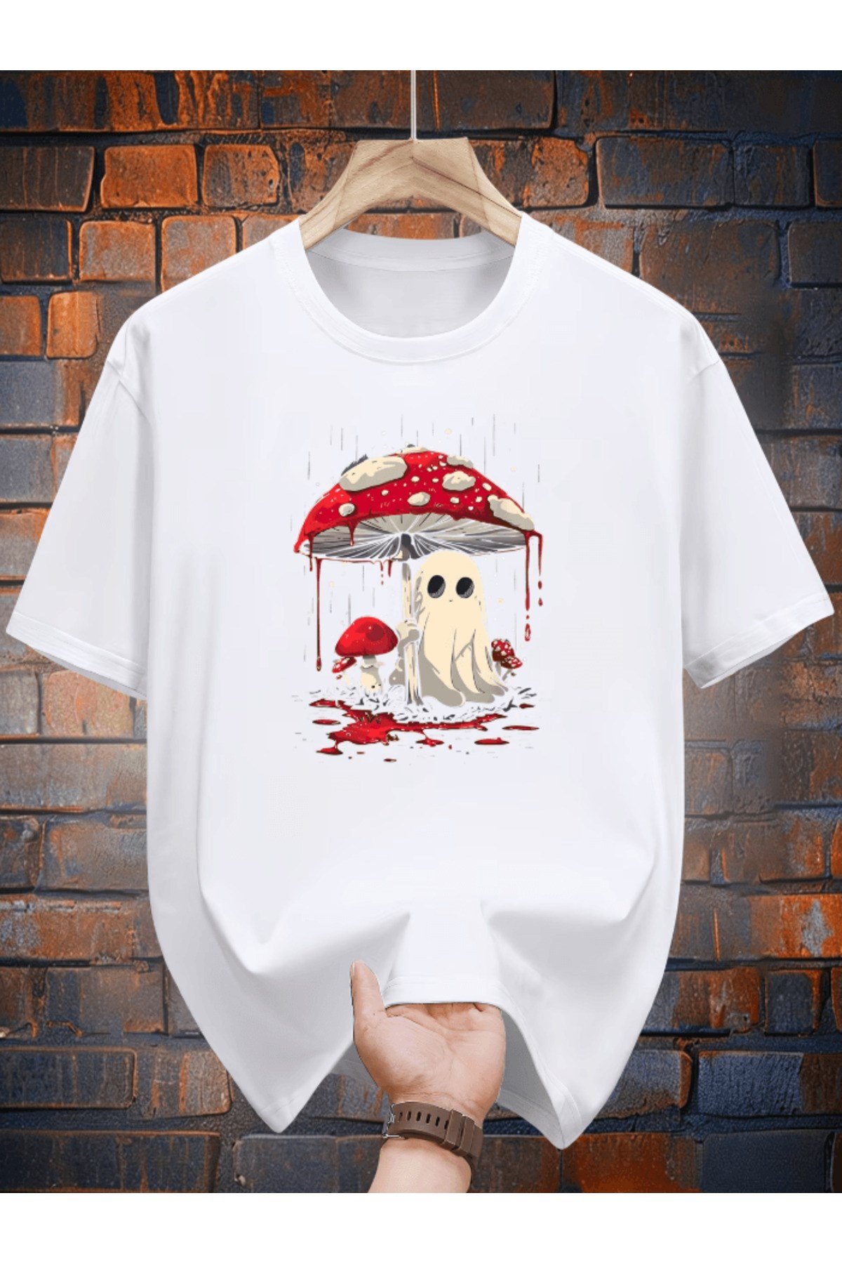 Hayalet Ve Mantar Baskılı Premium Oversize T-shirt