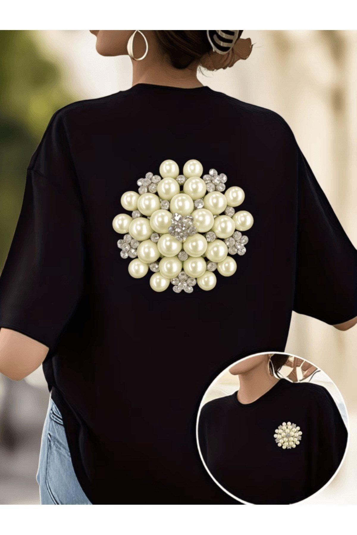 İnci Detay Baskılı Premium Oversize T-shirt