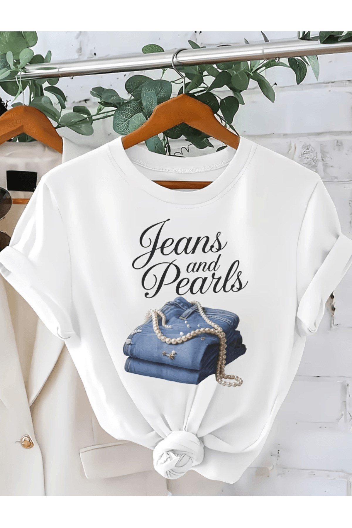 Jeans And Pearls Baskılı Premium Oversize T-shirt