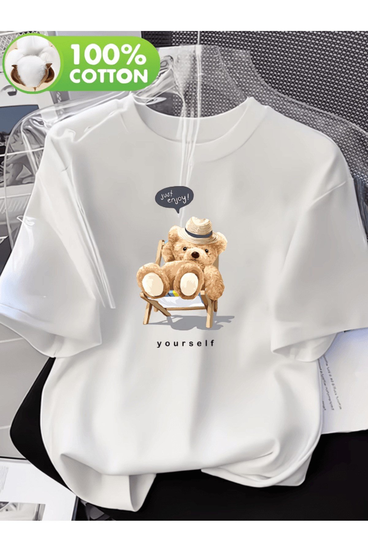 Just Enjoy Tasarımlı Relax Ayıcık Baskılı Premium Oversize T-shirt