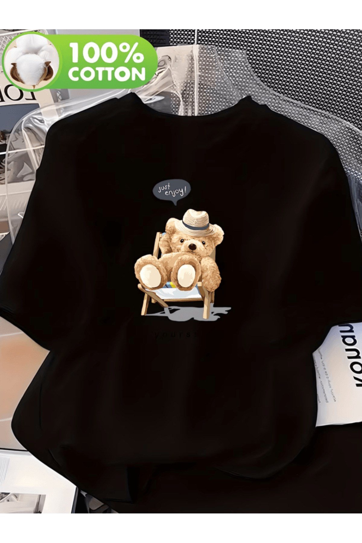 Just Enjoy Tasarımlı Relax Ayıcık Baskılı Premium Oversize T-shirt