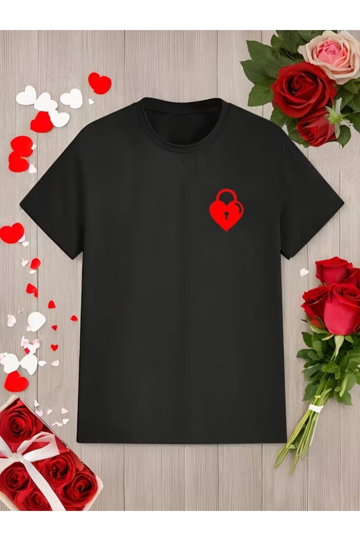Kalp Anahtar Ve Kalp Kilit Baskılı Çift Sevgili Kombini Basic Regular T-shirt 2'Li %100 Pamuk