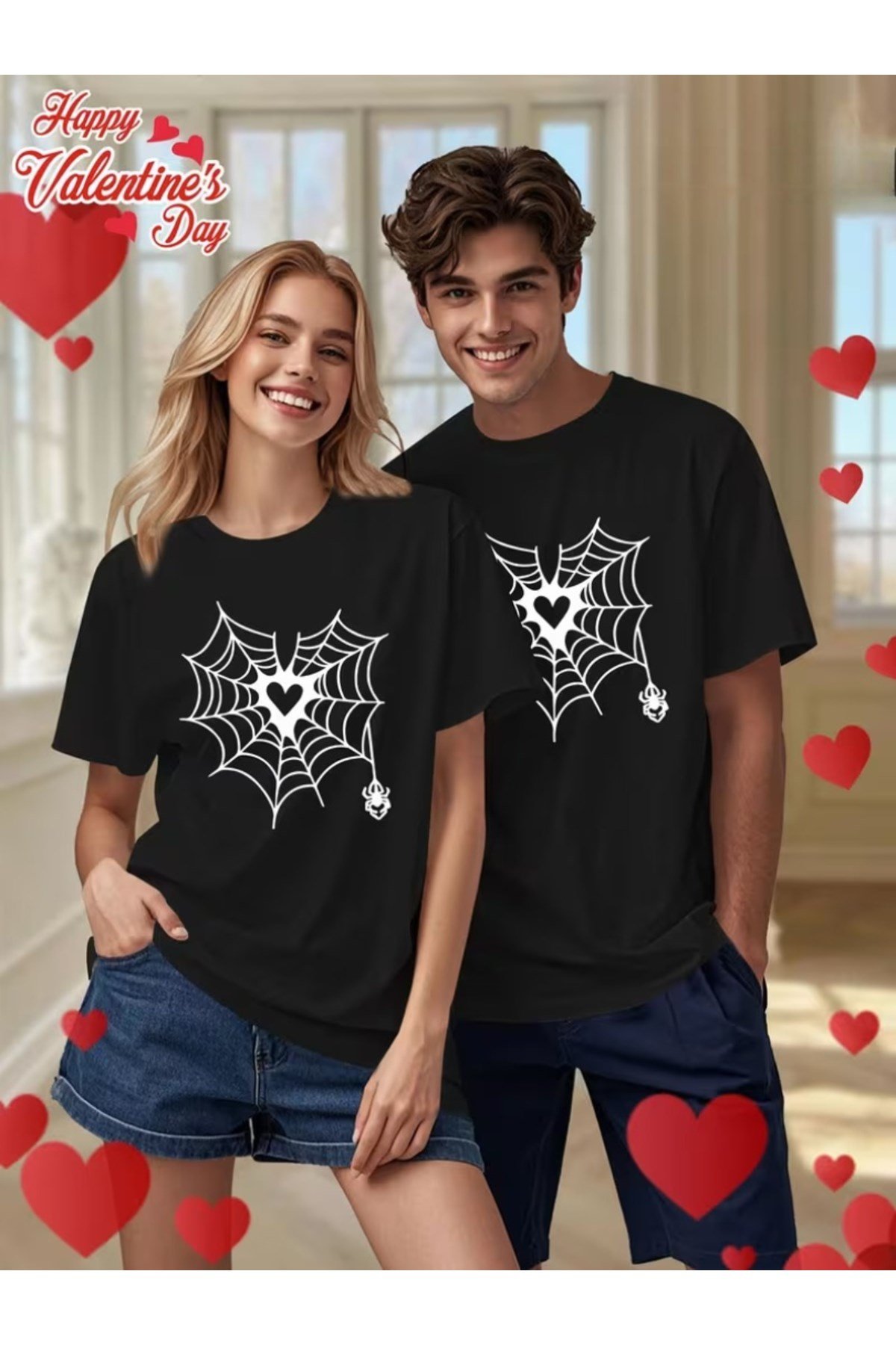 Kalp Örümcek Ağı Tasarımlı Eşleşen Çift Sevgili Kombini Basic Regular T-shirt 2'Li