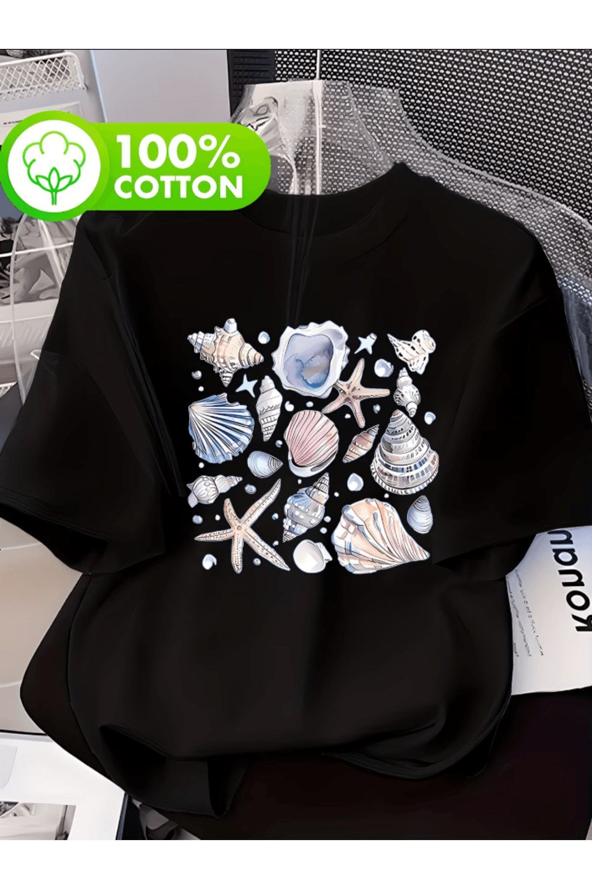 Karışık Deniz Kabukları Ve Deniz Yıldızı Baskılı Premium Oversize T-shirt