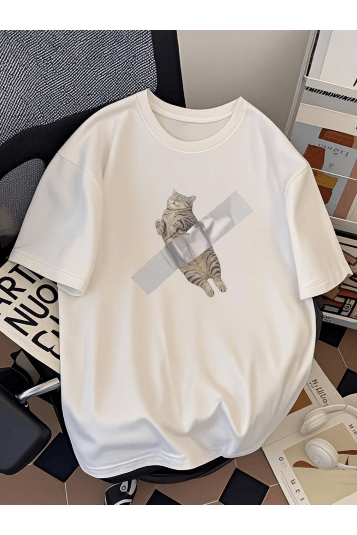 Kedi Grafik Baskılı Premium Oversize T-shirt
