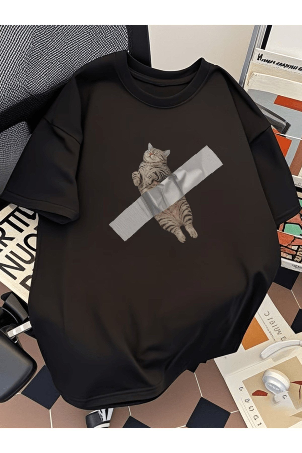 Kedi Grafik Baskılı Premium Oversize T-shirt