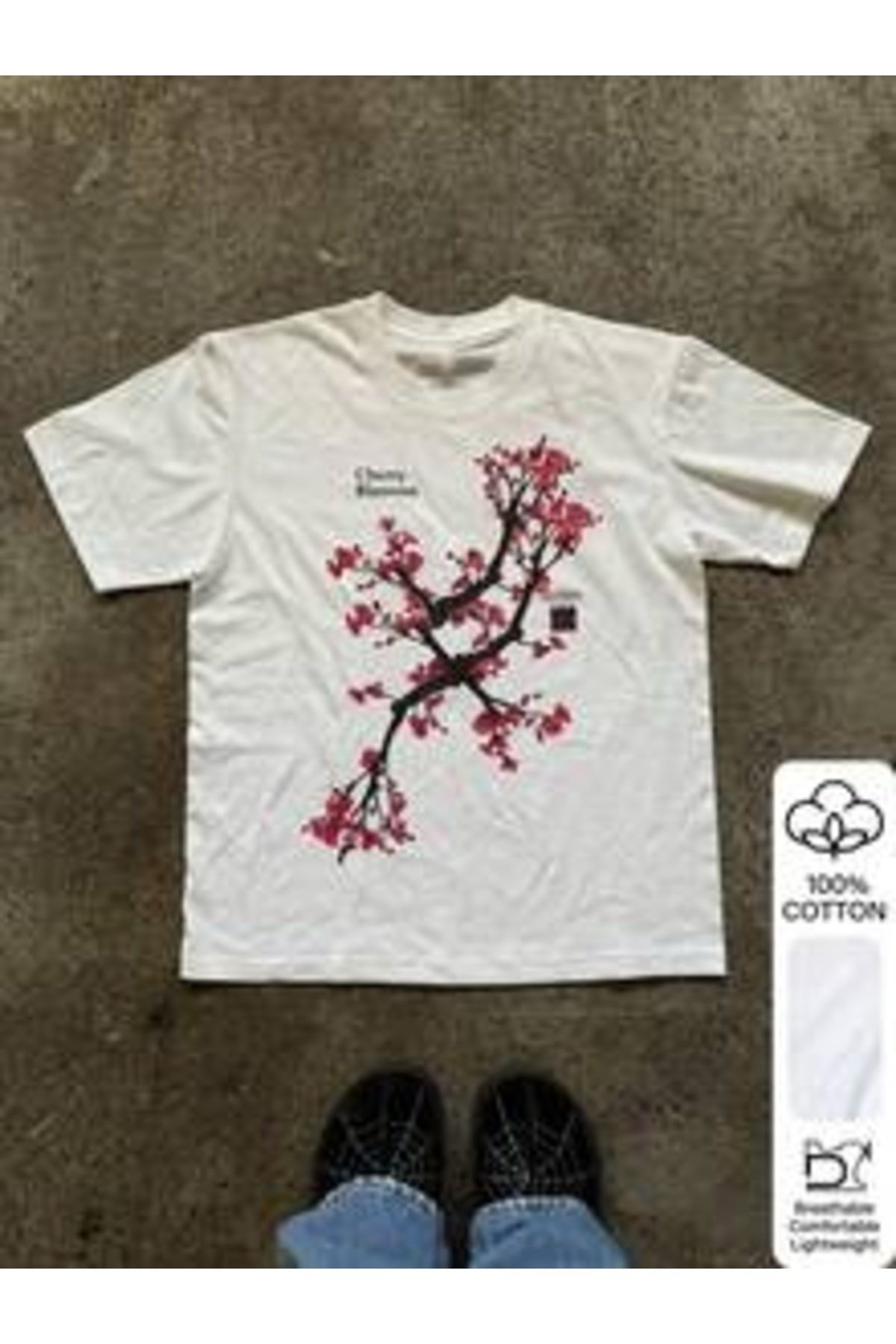 Kiraz Çiçeği Baskılı Premium Oversize T-shirt