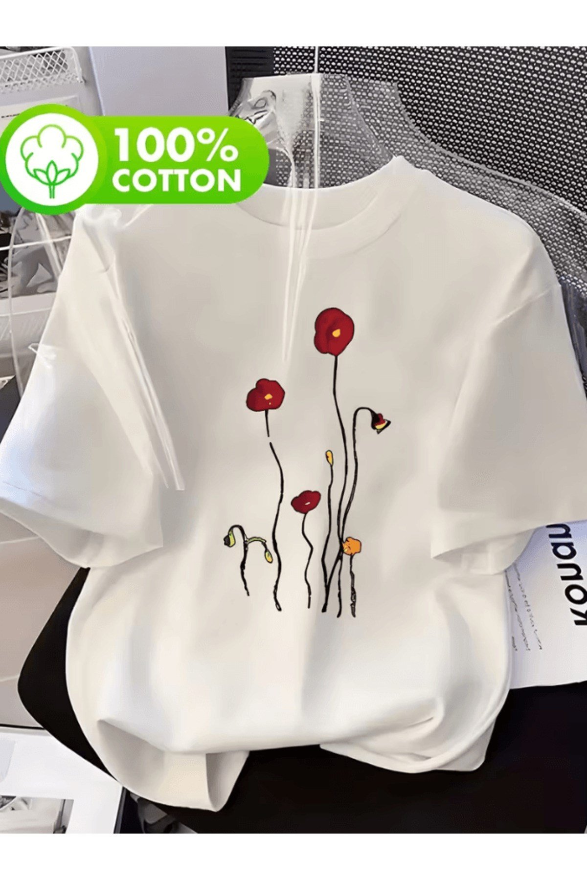 Kırmızı Çiçek Baskılı Premium Oversize T-shirt