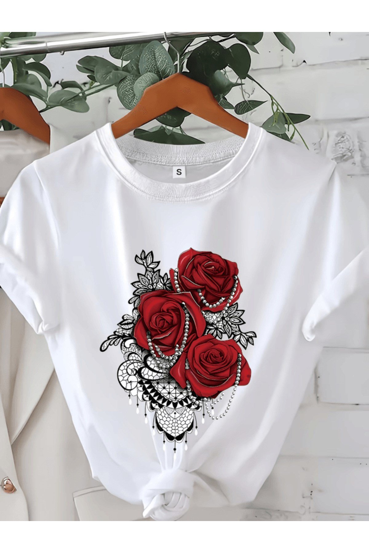 Kırmızı Gül Baskılı Premium Oversize T-shirt