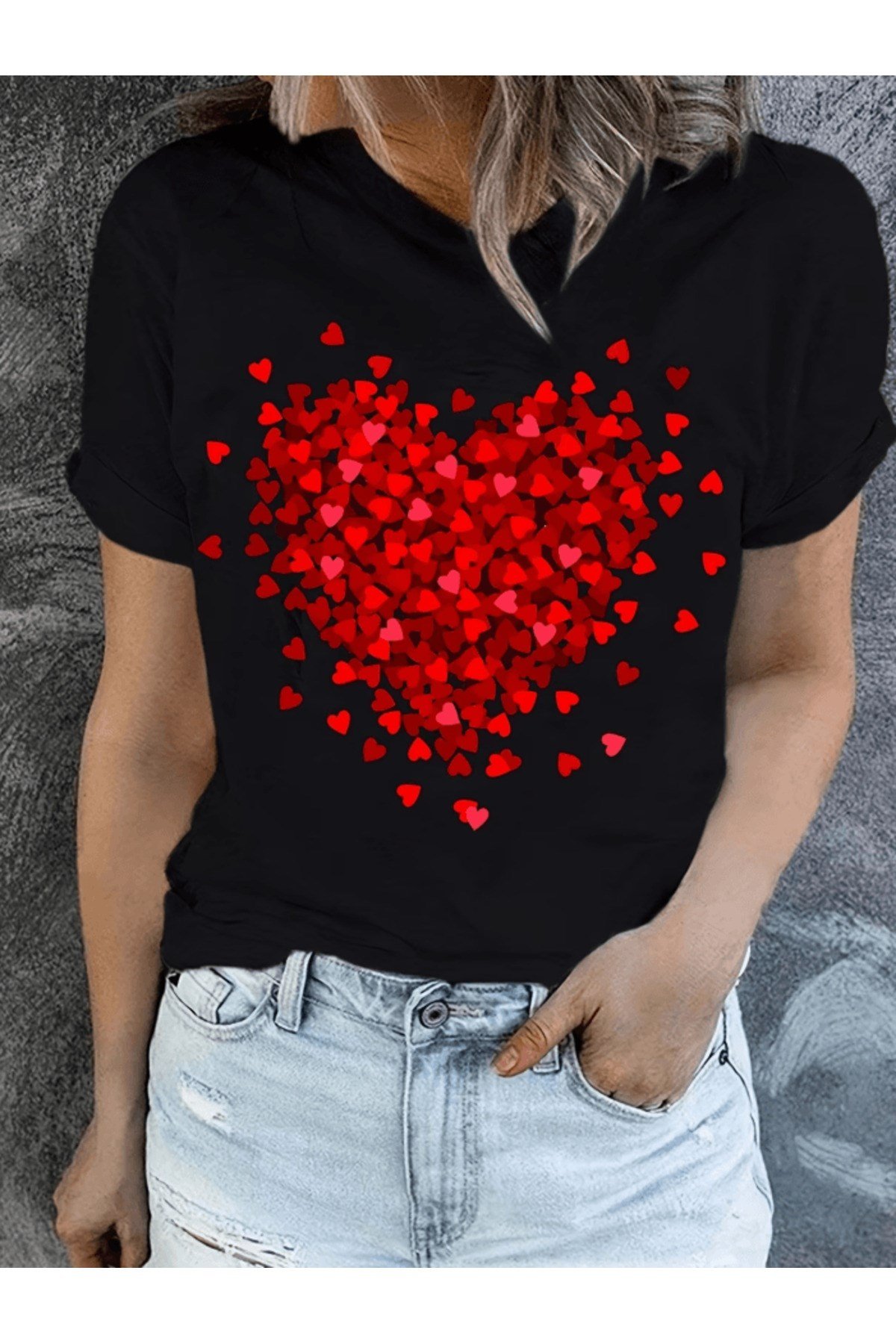 Kırmızı Kalp Desen Baskılı Premium Oversize T-shirt