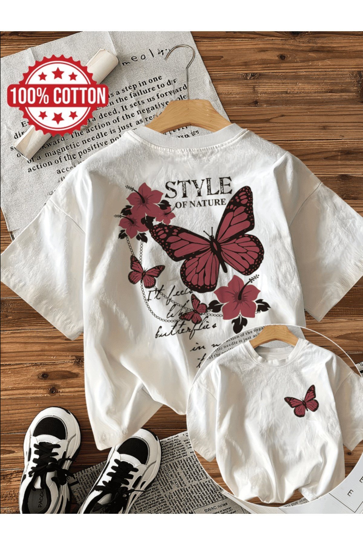 Kırmızı Kelebek Çift Taraf Baskılı Premium Oversize T-shirt