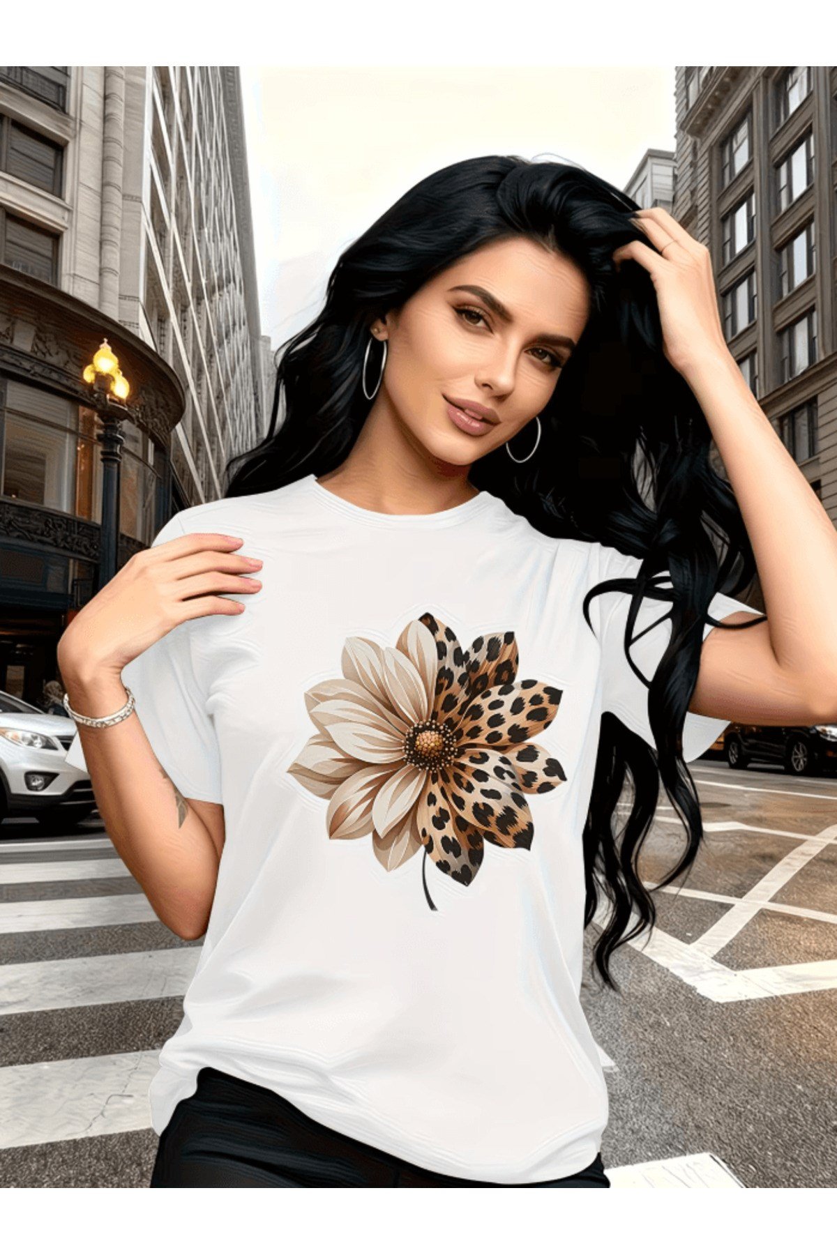 Leopar Çiçek Baskılı Premium Oversize T-shirt