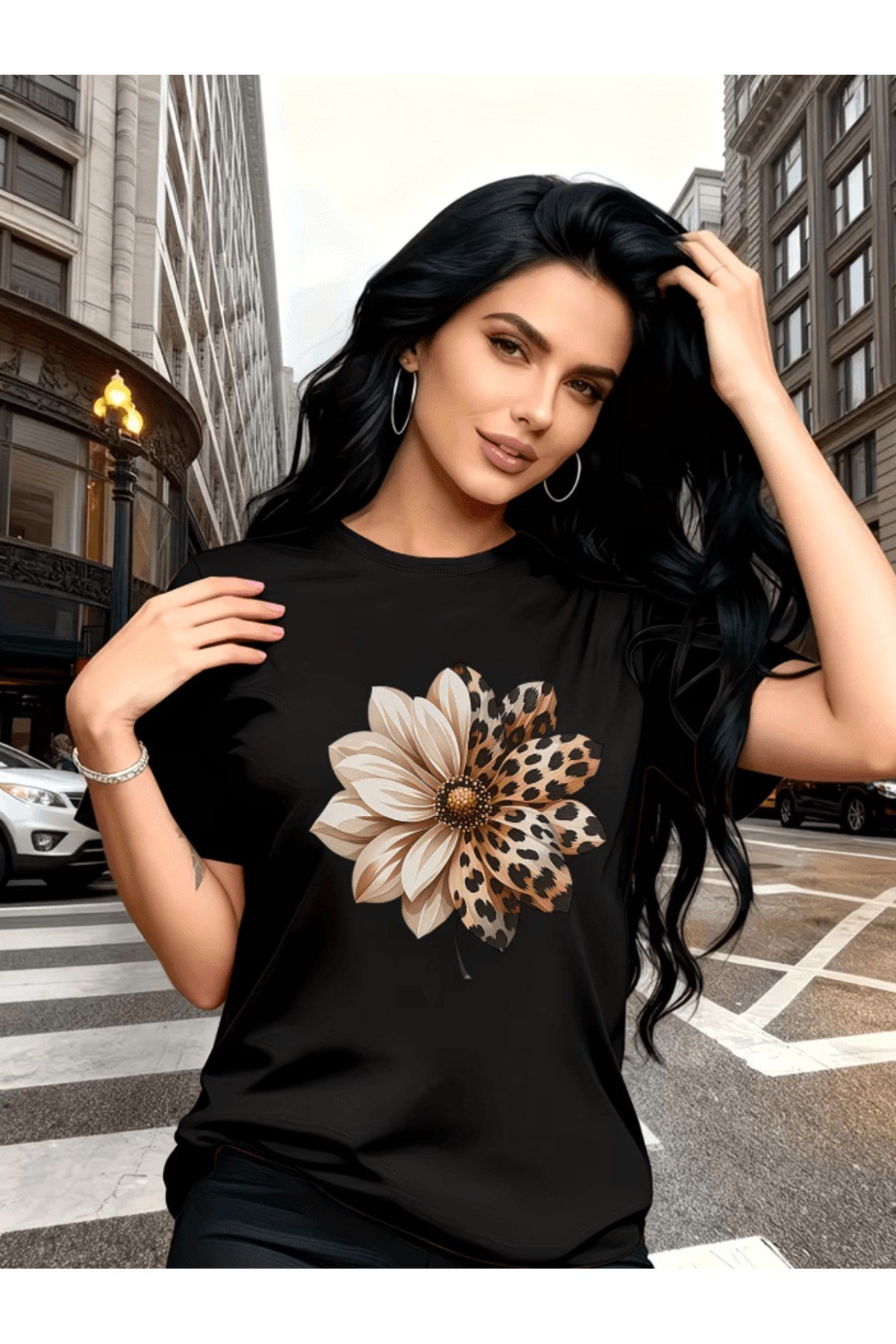 Leopar Çiçek Baskılı Premium Oversize T-shirt