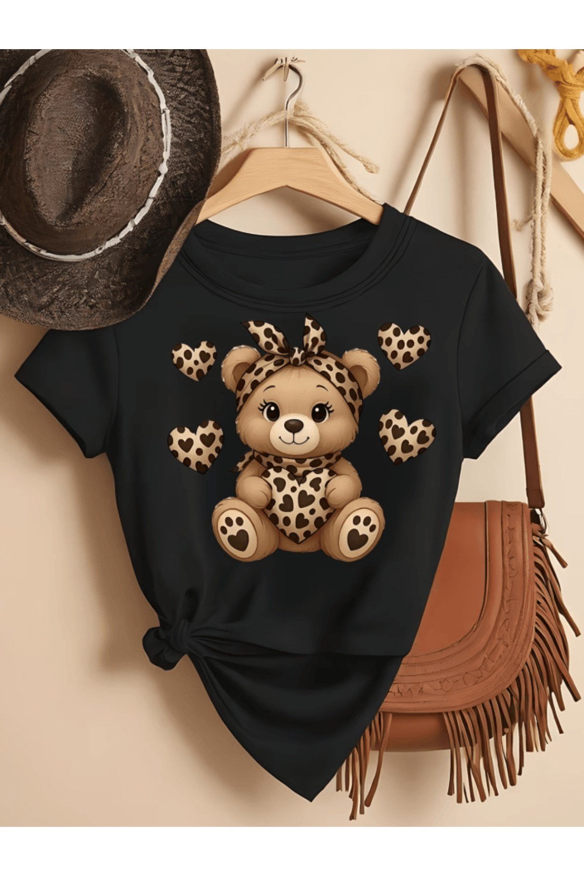 Leopar Desenli Oyuncak Ayı Baskılı Premium Oversize T-shirt