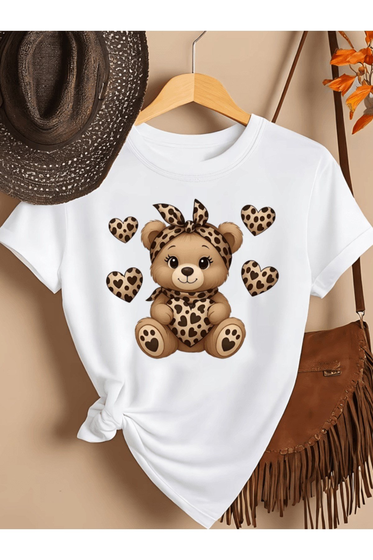 Leopar Desenli Oyuncak Ayı Baskılı Premium Oversize T-shirt