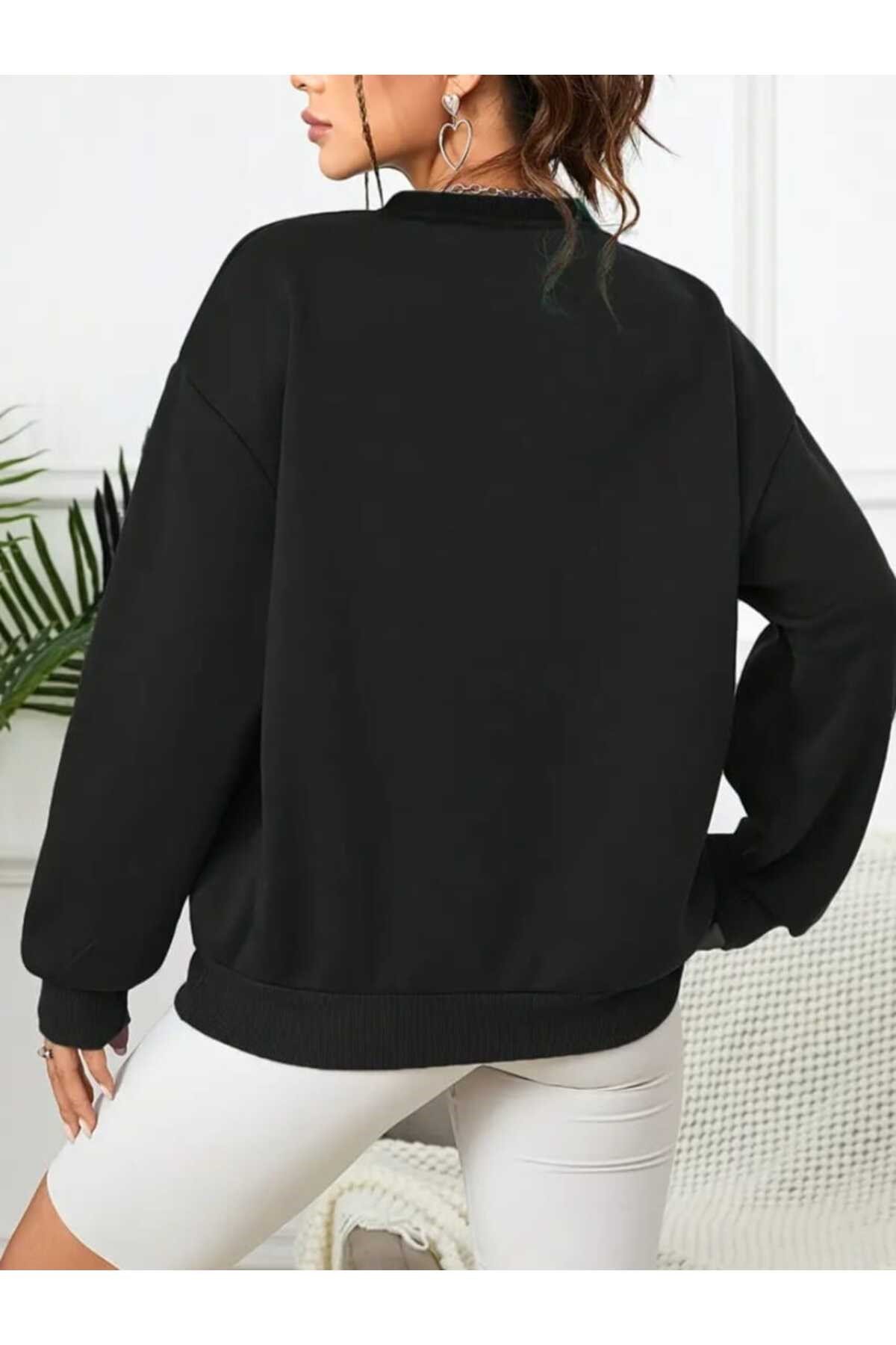 Leopar kurdale Desenli Baskılı Bisiklet Yaka Sweatshirt Kadın