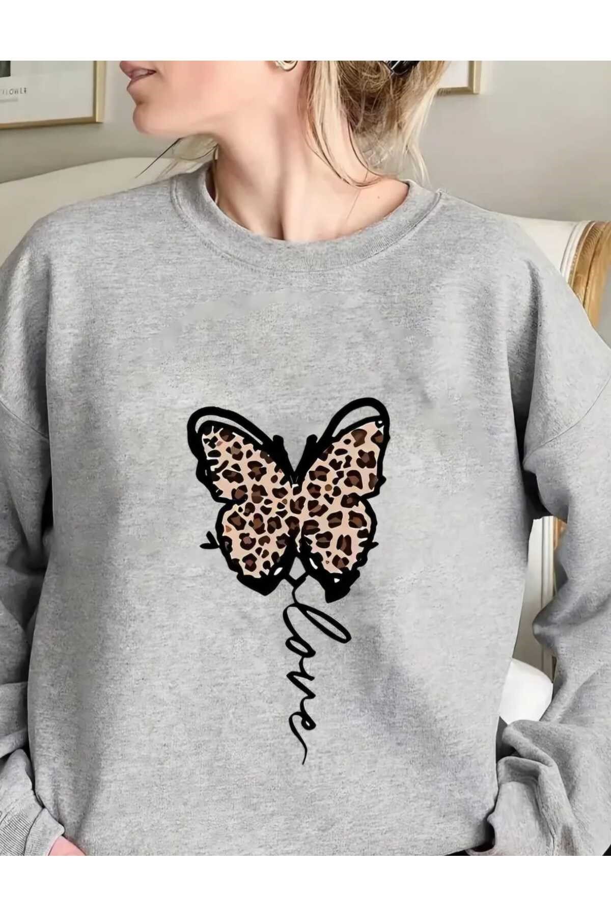 Leopar Yıldız Desenli Baskılı Bisiklet Yaka Oversize Sweatshirt Kadın