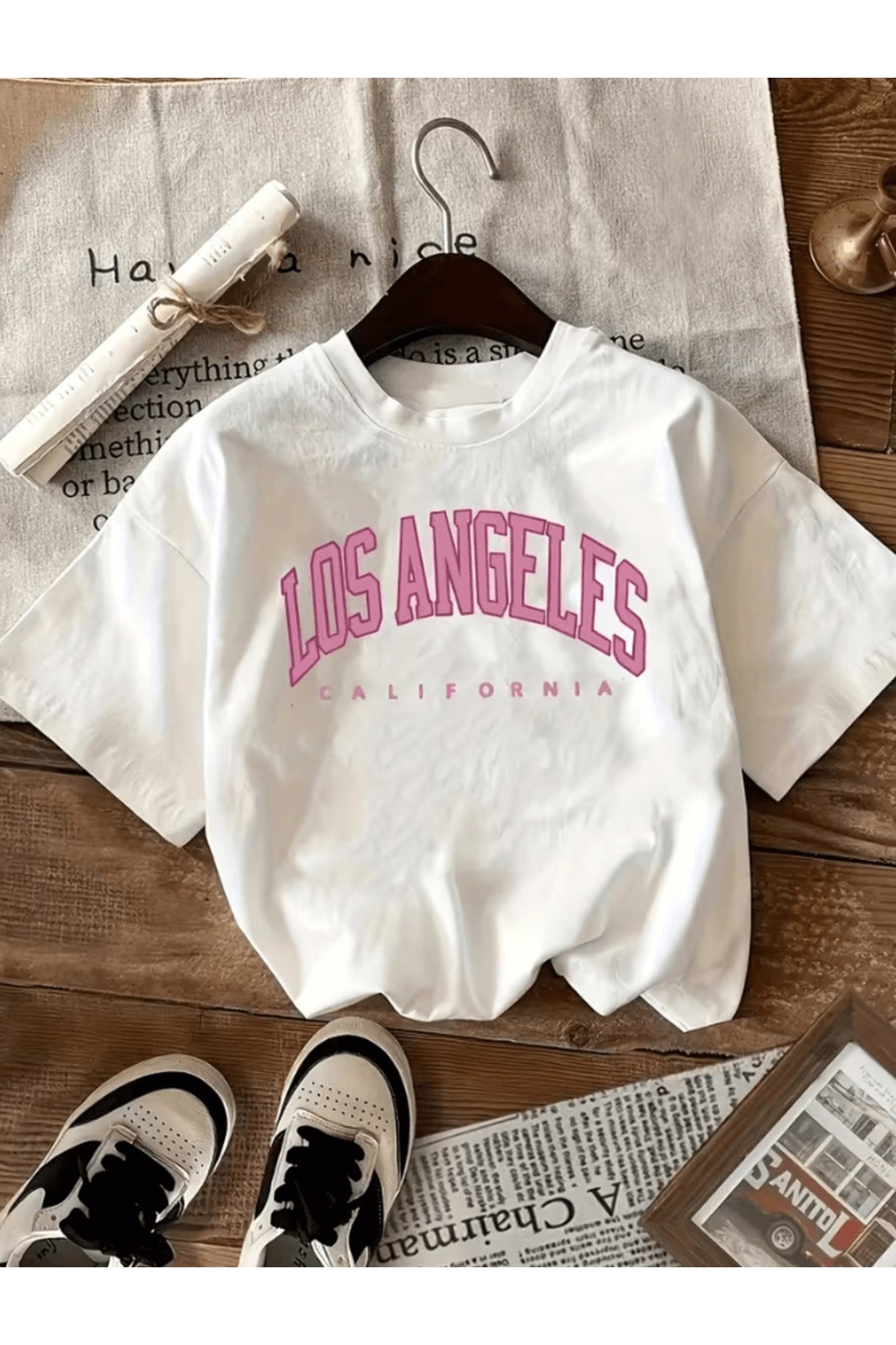 Los Angles Calıfornıa Pembe Detay Baskılı Premium Oversize T-shirt