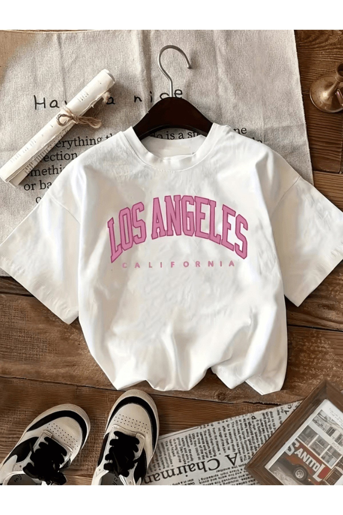Los Angles Calıfornıa Pembe Detay Baskılı Premium Oversize T-shirt