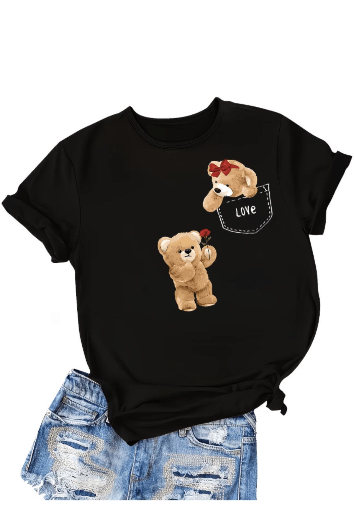 Love Tasarımlı Sevimli Ayıcık Baskılı Premium Oversize T-shirt