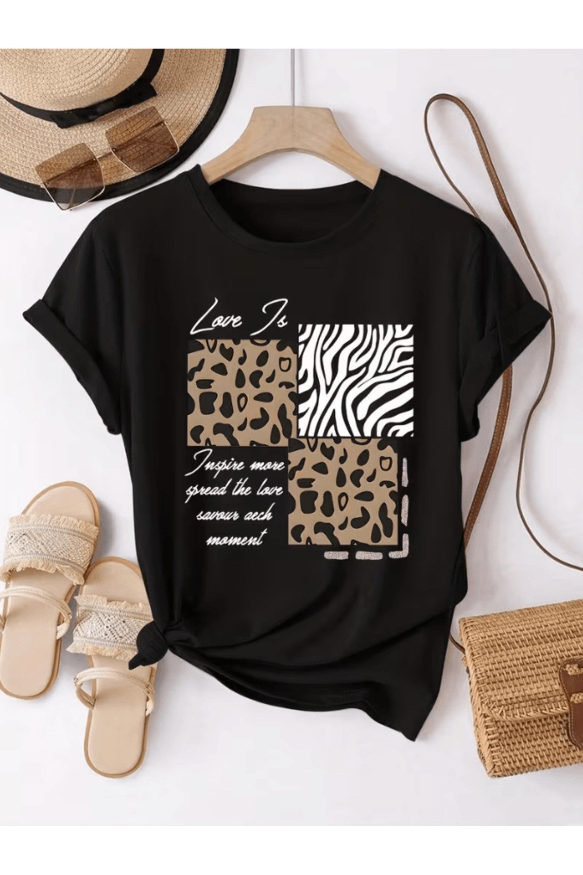 Love Yazılı Leopar Detay Baskılı Premium Oversize T-shirt