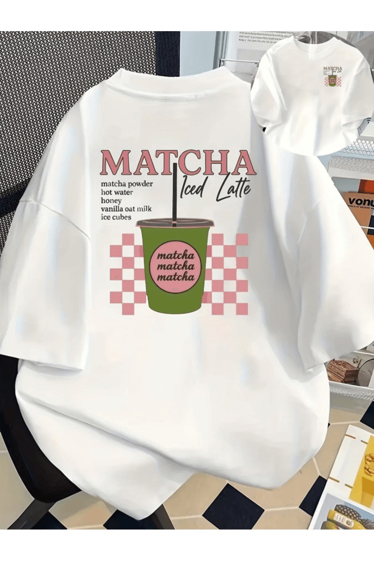 Matcha Iced Latte Çift Taraf Baskılı Premium Oversize T-shirt