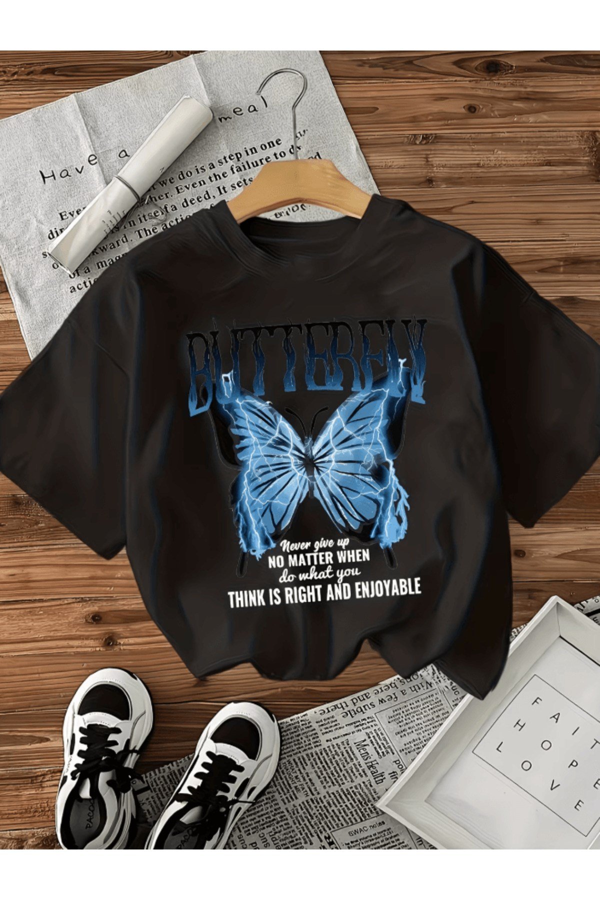 Mavi Butterfly Baskılı Premium Oversize T-shirt