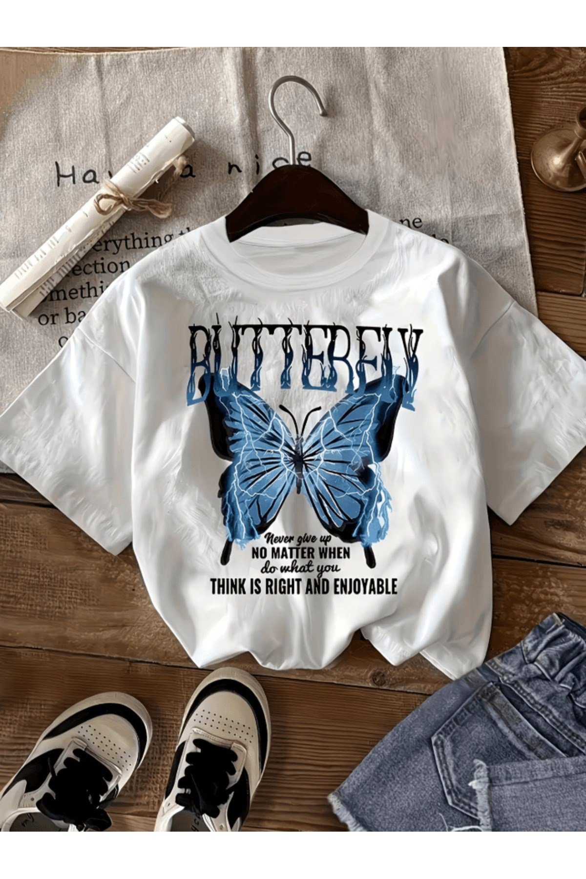 Mavi Butterfly Baskılı Premium Oversize T-shirt