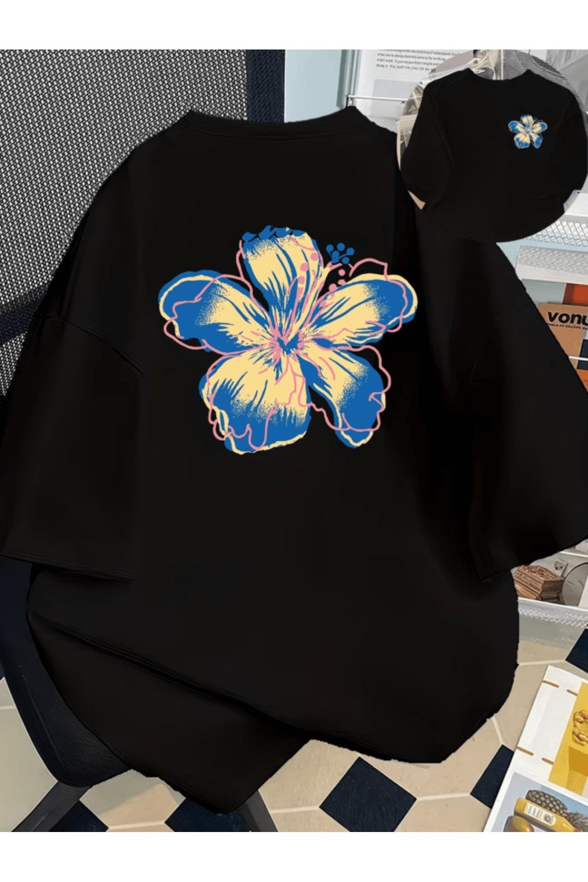 Mavi Çiçek Baskılı Premium Oversize T-shirt