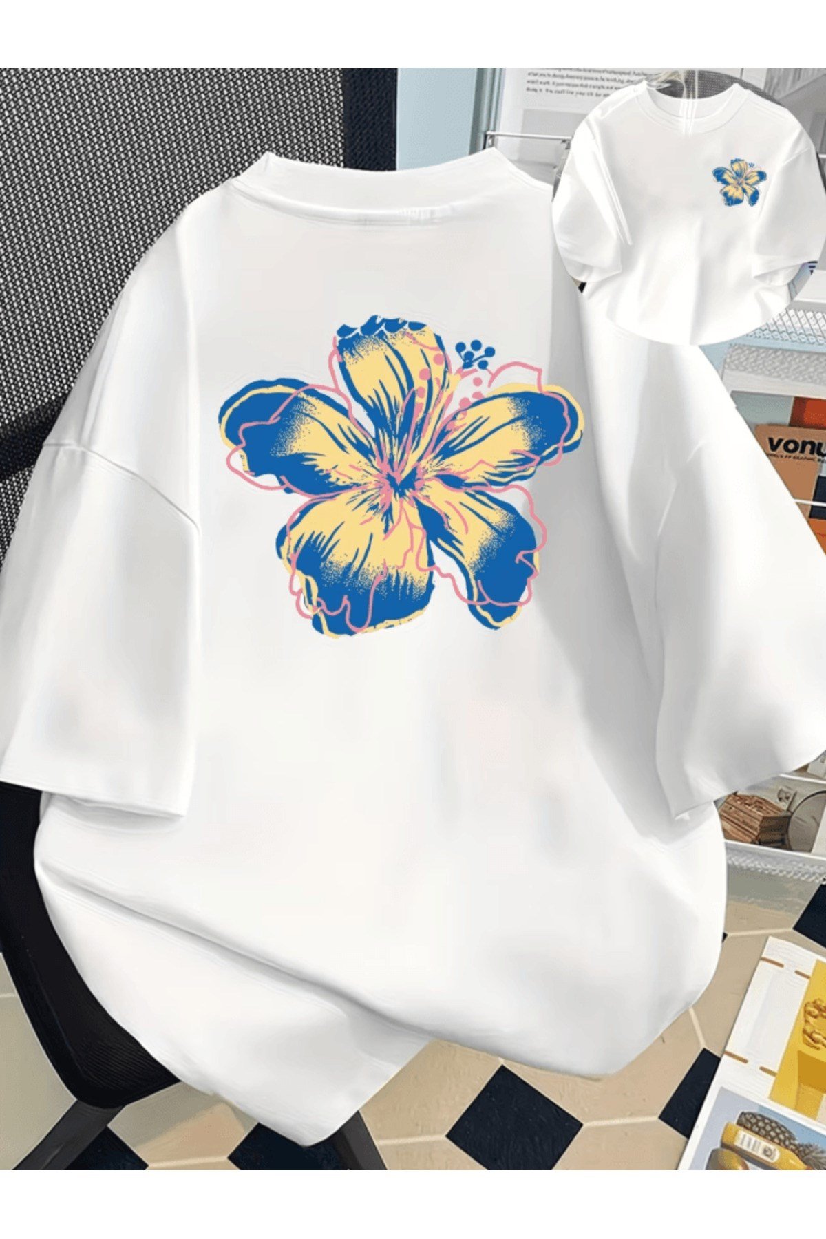 Mavi Çiçek Baskılı Premium Oversize T-shirt