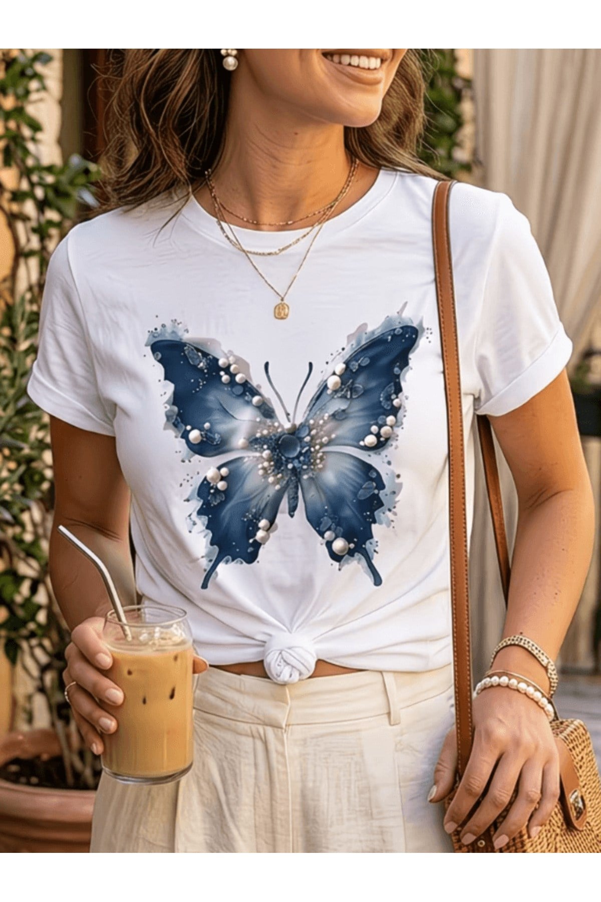 Mavi Kelebek Baskılı Premium Oversize T-shirt