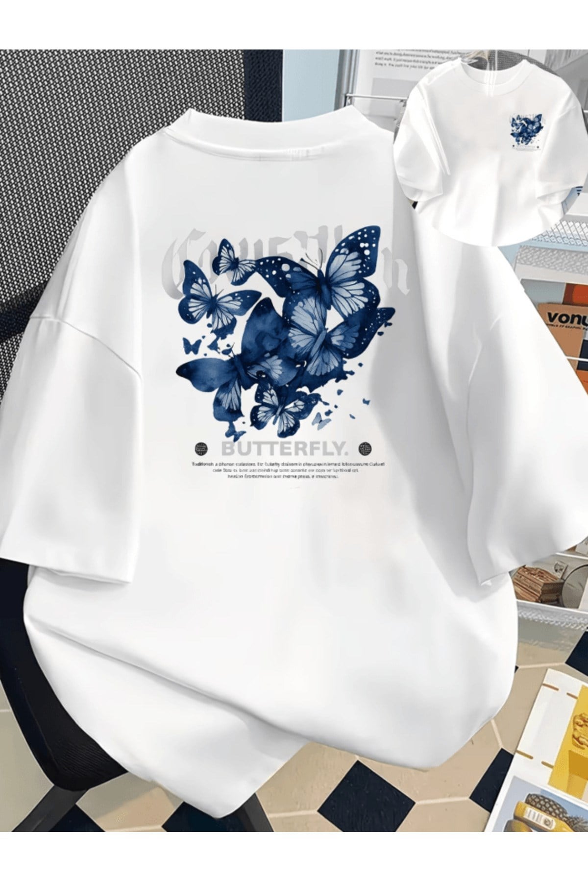 Mavi Kelebek Desenli Çift Taraf Baskılı Premium Oversize T-shirt