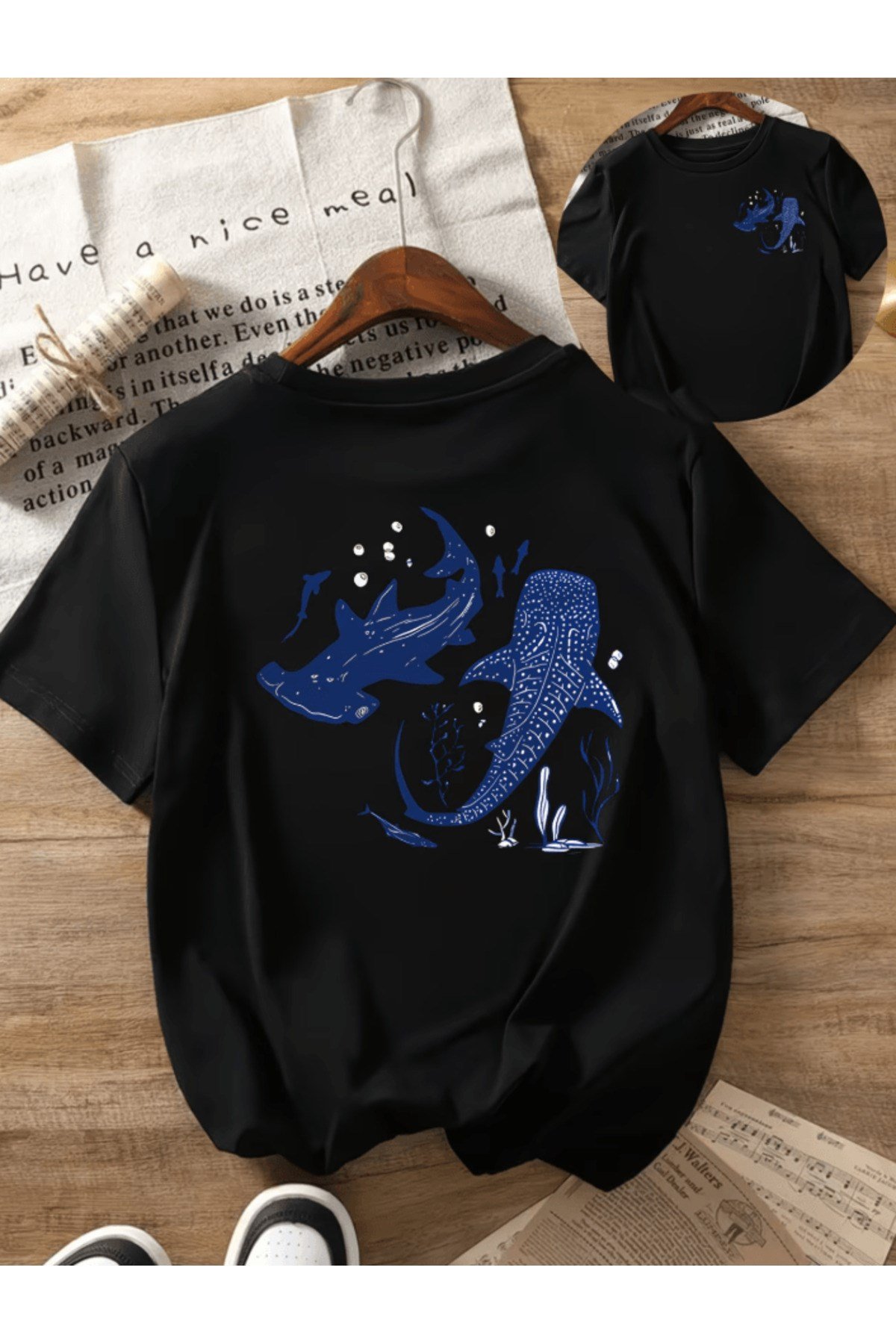 Mavi Köpek Balığı Çift Taraf Baskılı Premium Oversize T-shirt