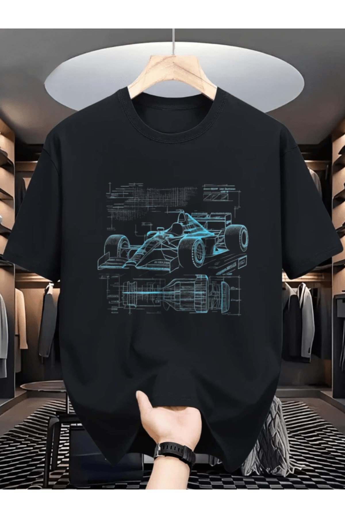 Mavi Renk Yarış Araba Baskılı Premium Oversize T-shirt
