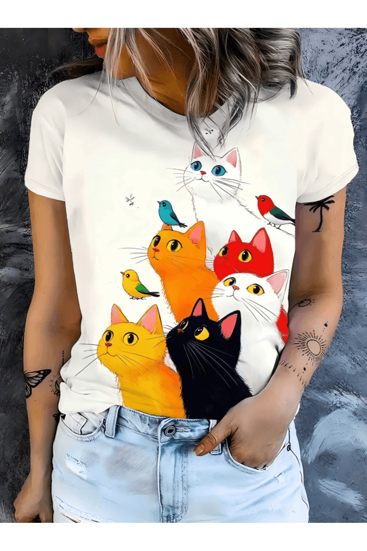 Meraklı Kedi Baskılı Premium Oversize T-shirt
