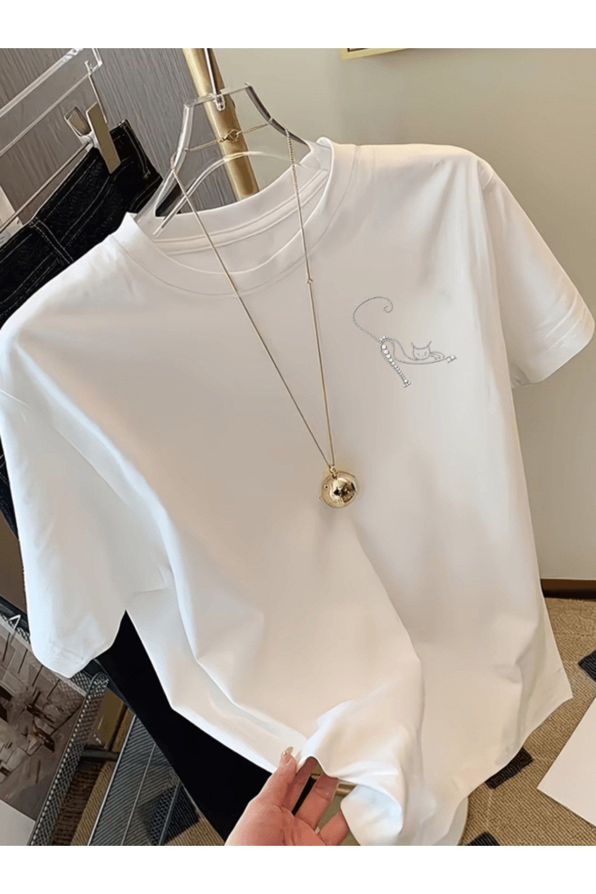 Mini Esneyen Parlak Baskı Sevimli Kedi Baskılı Premium Oversize T-shirt