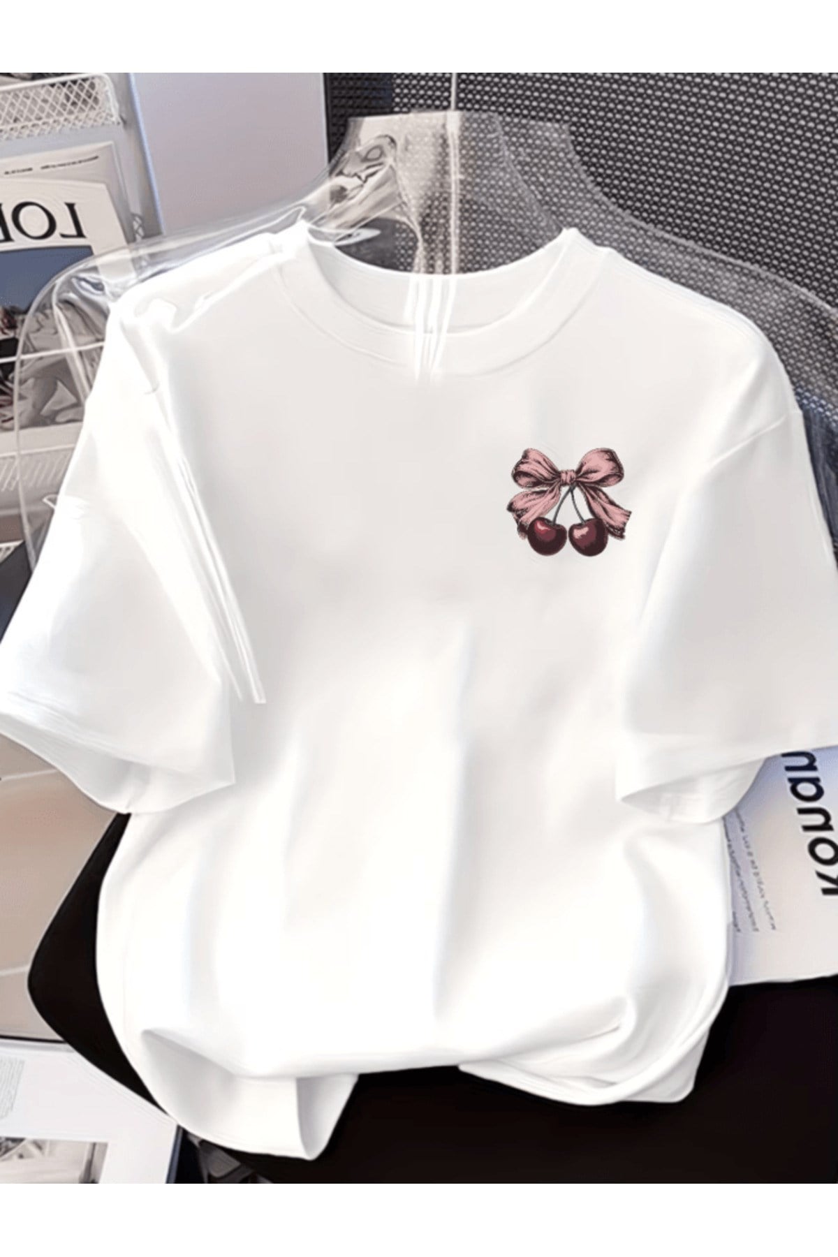 Mini Fiyonklu Kiraz Baskılı Premium Oversize T-shirt