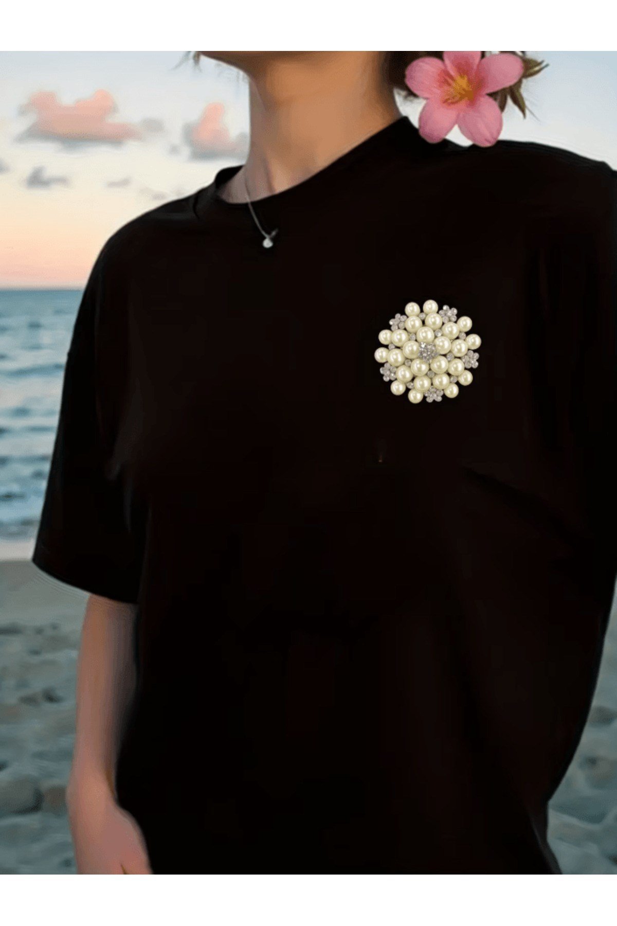 Mini İnci Detay Baskılı Premium Oversize T-shirt